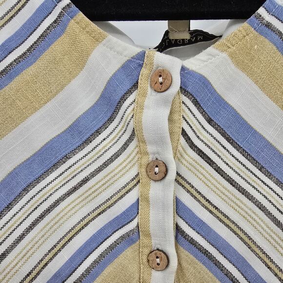 Polagram Women's Button Bodice Short Sleeve Striped Dress Cream Blue Size Medium - Picture 6 of 11